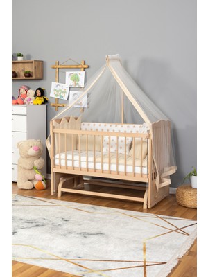 Carino Wins Bebek Beşiği Ahşap Beşik Anne Yanı Yeni Doğan Tutku Organik (Boyasız)  Krem Nakış Yazısız Uyku Setli