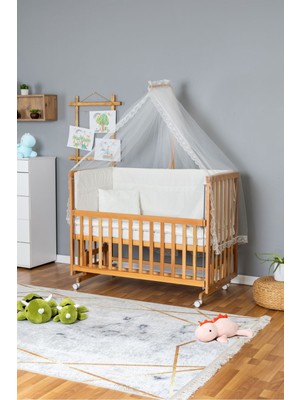 Carino Wins Organik Bebek Beşiği Ahşap Beşik Anne Yanı Yeni Doğan Asya Krem Güpür Uyku Setli + Tekerlekli