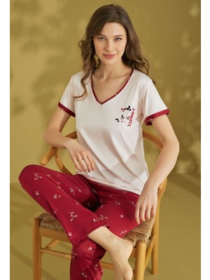 Kadın Desenli V Yaka Düğmesiz Yazlık Viskon Kısa Kol Pijama Takımı