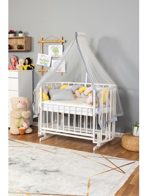 Ahşap Beşik Anne Yanı Yeni Doğan Papatya Beyaz Bebek Beşiği Sarı Pembe Örgü Uyku Setli