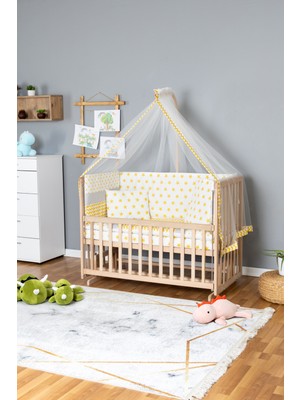 Carino Wins Ahşap Beşik Anne Yanı Yeni Doğan Asya  Organik  Bebek Beşiği Sarı Yıldız Tek Yastık  Uyku Setli