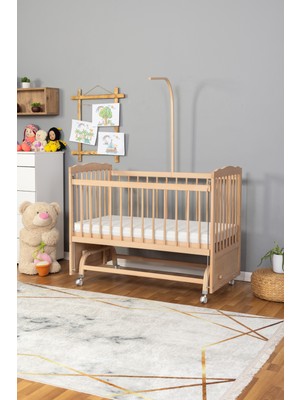 Carino Wins Ahşap Beşik Anne Yanı Yeni Doğan Tutku Organik (Boyasız) Bebek Beşiği Tek Yatak + Tekerlekli