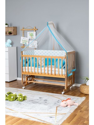 Carino Wins Ahşap Beşik Anne Yanı Yeni Doğan Asya Organik Bebek Beşiği Mavi Balina Uyku Setli + Tekerlekli