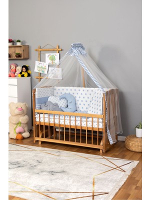 Ahşap Beşik Anne Yanı Yeni Doğan Tutku Doğal Bebek Beşiği Mavi Yıldız Uyku Setli