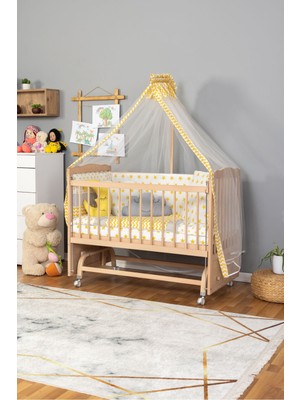 Carino Wins Ahşap Beşik Anne Yanı Tutku Organik (Boyasız) Bebek Beşiği Sarı Yıldız Uyku Setli + Tekerlek