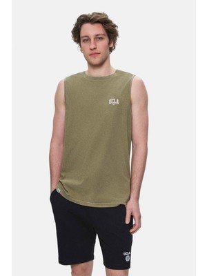 Ucla ELTON Koyu Haki Bisiklet Yaka Sıfır Kol Yıkamalı Baskılı %100 Pamuk Oversize Erkek Tshirt