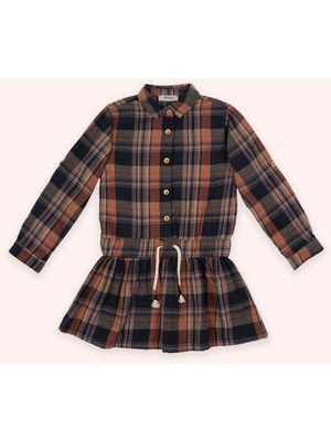 Kız Çocuk Ekose Desenli Lacivert Elbise