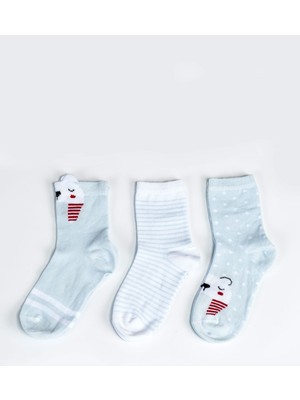 Aziz Bebe Kız Bebek Basic Dikişsiz Soket Çorap 3'lü Set Mavi Eğlenceli Desenler ile Konforlu Kullanım