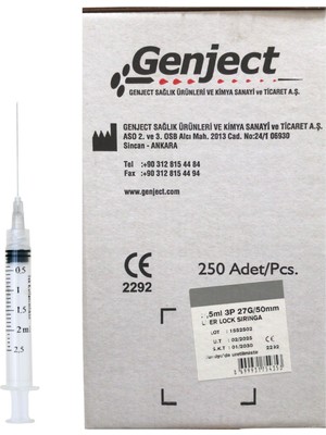 Genject - 2.5 ml 50MM Uzun Dental Luer Lock Enjektör - 250 Adet