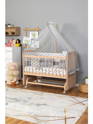 Ahşap Beşik Anne Yanı Tutku Organik (Boyasız) Bebek Beşiği Gri Balina Uyku Setli + Tekerlek