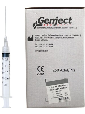 Genject - 2.5 ml 40MM Kısa Luer Lock Dental Enjektör - 250 Adet