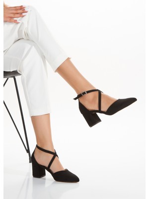 Siyah Süet Kadın Klasik Kısa Topuklu Abiye Ayakkabı CNR735