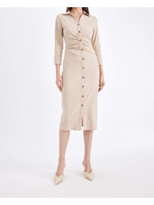  Lupinn Moda Bej Gömlek Yaka Düğmeli Midi Boy Truvakar Kol  Büzgü Detaylı Fit Kesim Kadın Elbise