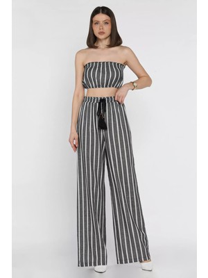 Kadın Çizgi Desenli Straplez Crop Top Bluz Palazzo Pantolon Ikili Takım P-00016546