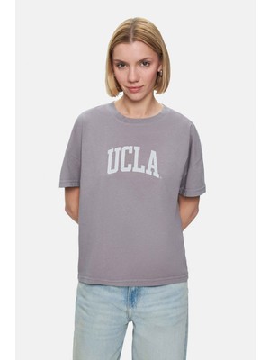 Ucla EVERLEE Koyu Gri Bisiklet Yaka Taş Yıkama Baskılı %100 Pamuk Loose Fit Kadın Tshirt