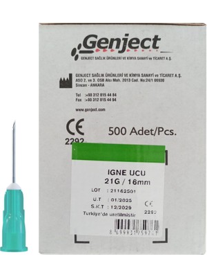 Genject - Enjektör Iğne Ucu 16MM Veteriner Yeşil Kısa 21G - 500 Adet