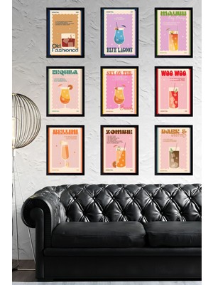 Vintage Vibes Kokteyl Koleksiyonu 9' Parça Çerçeve Görünümlü Modern Mdf Tablo Seti- Ev Dekorasyonu