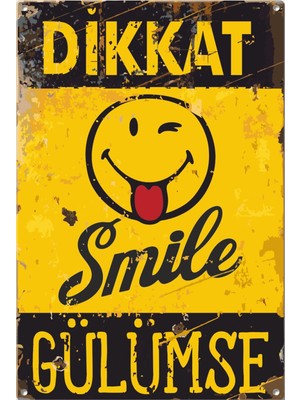 Dikkat Smile Emoji Dgülümse Uyarı Levhası Retro Ahşap Poster