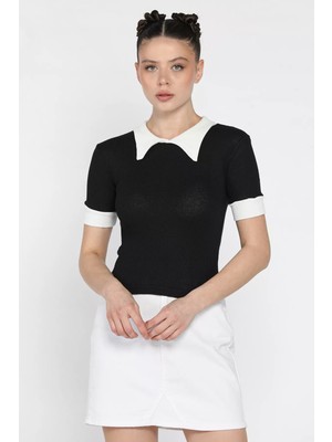 Gülseli Kadın Polo Yaka Renk Garnili Kaşkorse Bluz P-00016854