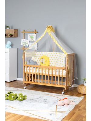 Carino Wins Ahşap Beşik Anne Yanı Yeni Doğan Asya Organik Bebek Beşiği Sarı Yıldız Uyku Setli + Tekerlekli