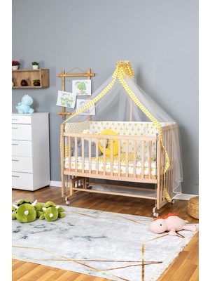 Carino Wins Ahşap Beşik Anne Yanı Yeni Doğan Asya  Organik  Bebek Beşiği Sarı Yıldız Uyku Setli + Tekerlekli