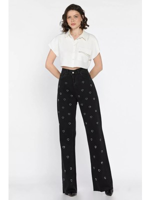 Gülseli Kadın Yüksek Bel Kalp Desenli Jean Kot Pantolon P-00016594