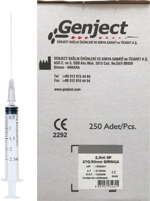 Genject - 2.5 ml 3p 27G 50MM Uzun Dental Enjektör - 250 Adet