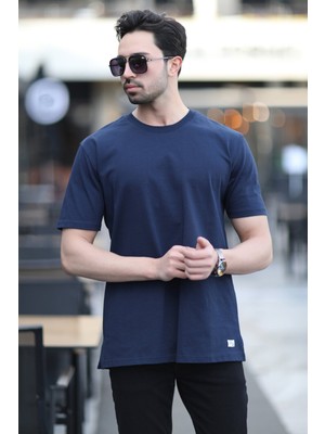 Erkek Bisiklet Yaka Regular Fit Pamuklu T-Shirt Lacivert - 5446