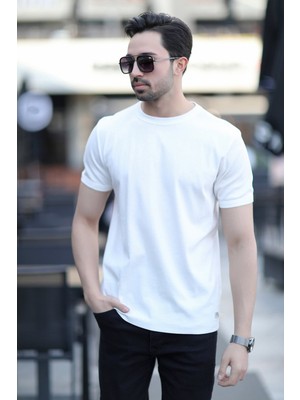 Erkek Bisiklet Yaka Ribanalı Pamuklu T-Shirt Beyaz - 2143