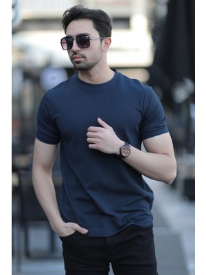 Erkek Bisiklet Yaka Dokulu Pamuklu T-Shirt Lacivert - 2639