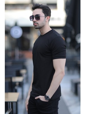 Erkek Bisiklet Yaka Dokulu Pamuklu T-Shirt Siyah - 2639