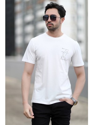 Erkek Bisiklet Yaka Kedi Dijital Baskılı T-Shirt Beyaz - 2020-3