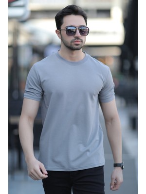 Erkek Bisiklet Yaka Dokulu Pamuklu T-Shirt Açık Gri - 2639