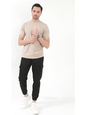 Erkek Kargo Pantolon Siyah Jogger Likralı Beli ve Paçası Lastikli Pamuk Karışım - 6221