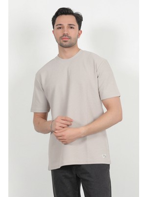 Erkek Bisiklet Yaka Pamuklu Dokulu Oversize T-Shirt Taş - 2917