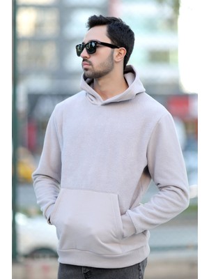 Erkek Kapüşonlu Oversize Sweatshirt Gri Kanguru Cep Intersoft Hoodie - 5738