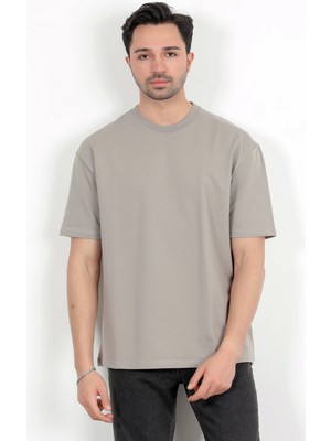 Erkek Bisiklet Yaka Pamuklu Basic Oversize T-Shirt Açık Gri - 2911