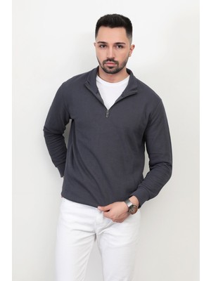 Erkek Füme Renk Yarım Fermuarlı Selanik Sweat - 5716