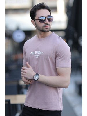 Erkek Bisiklet Yaka California Enjeksiyon Baskılı T-Shirt Pudra - 2020-2