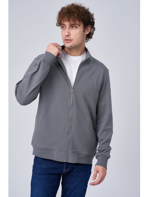 Erkek Dik Yaka Fermuar Kapama Çift Cepli Sweatshirt