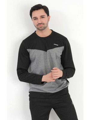 Erkek Siyah Füme Parçalı Baskılı Bisiklet Yaka Pamuklu Regular Fit Sweatshirt - 0343