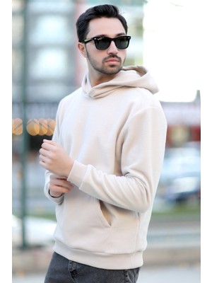 Erkek Kapüşonlu Oversize Sweatshirt Bej Kanguru Cep Intersoft Hoodie - 5738
