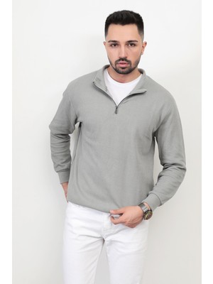 Erkek Gri Renk Yarım Fermuarlı Selanik Sweat - 5716