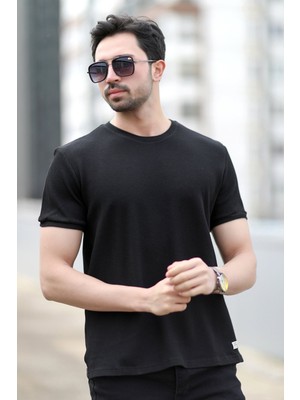 Erkek Bisiklet Yaka Waffle Kumaş Dokulu T-Shirt Siyah - 2709