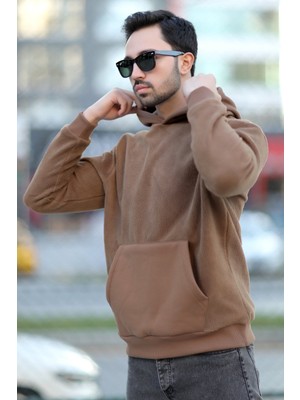 Erkek Kapüşonlu Oversize Sweatshirt Kahverengi Kanguru Cep Intersoft Hoodie - 5738