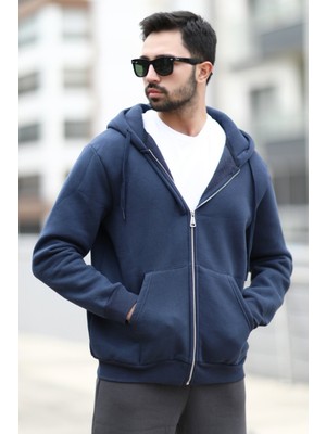 Erkek Kapüşonlu Sweatshirt Fermuarlı Indigo Çift Cepli 3ip Şardonlu Pamuk Karışımlı Hoodie - 24K5487