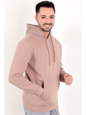 Gül Rengi Erkek Kapüşonlu Sweatshirt Kanguru Cepli Pamuk Karışımlı Oversize Hoodie - 5281