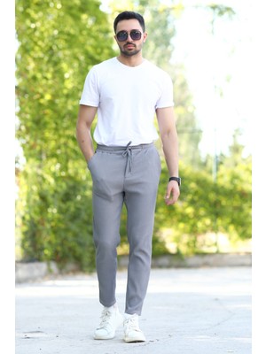 Erkek Gri Jogger Pantolon Beli Bağlama Detaylı Modal Likra Karışımlı - 10024