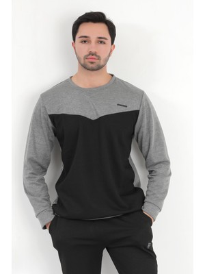 Erkek Füme Siyah Parçalı Baskılı Bisiklet Yaka Pamuklu Regular Fit Sweatshirt - 0343