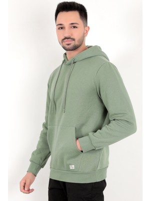 Açık Yeşil Erkek Kapüşonlu Sweatshirt Kanguru Cepli Pamuk Karışımlı Oversize Hoodie - 5281